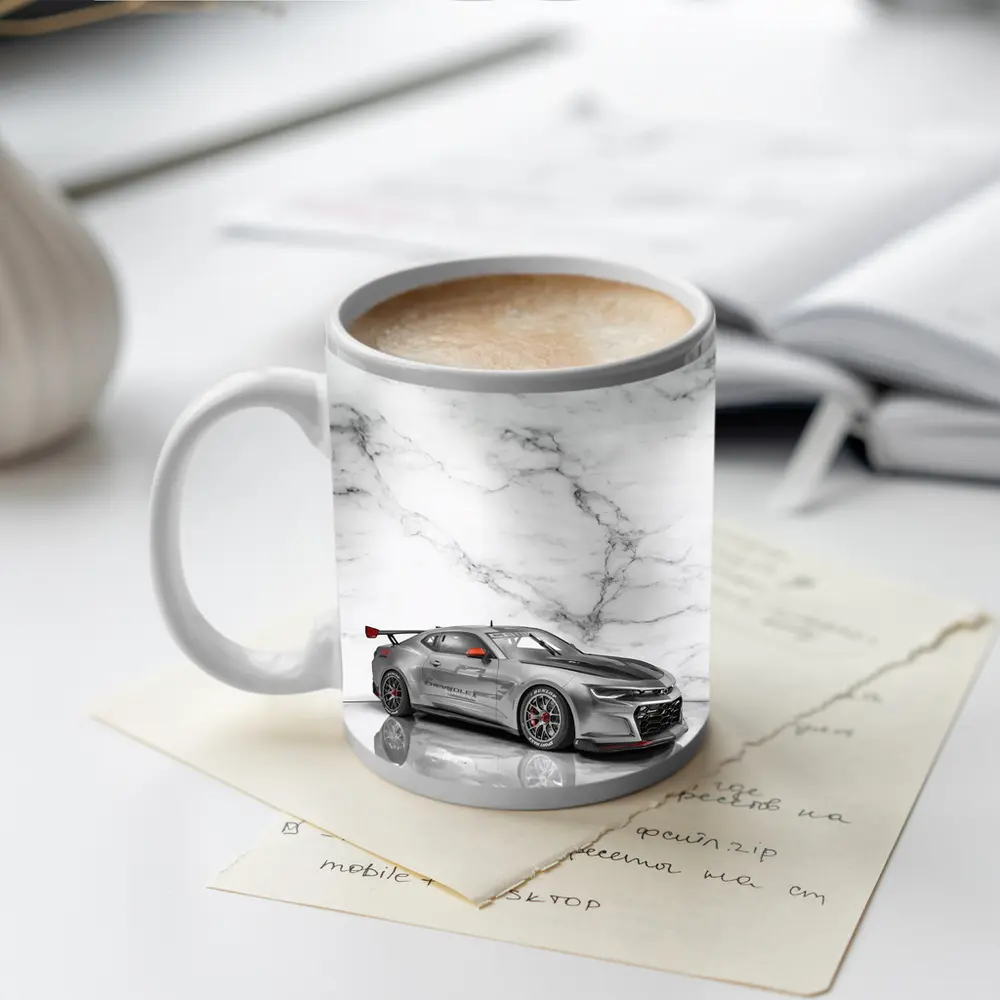 Chevrolet Camaro Silver Race Car Marble Background – Mugs