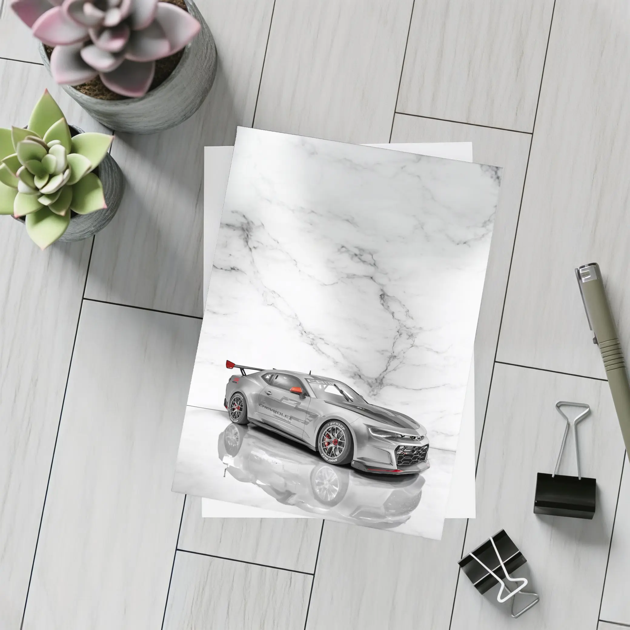 Chevrolet Camaro Silver Race Car Marble Background – Postcards