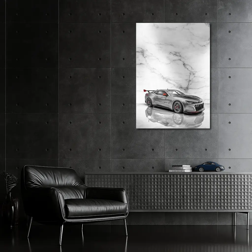Chevrolet Camaro Silver Race Car Marble Background – Wall Art