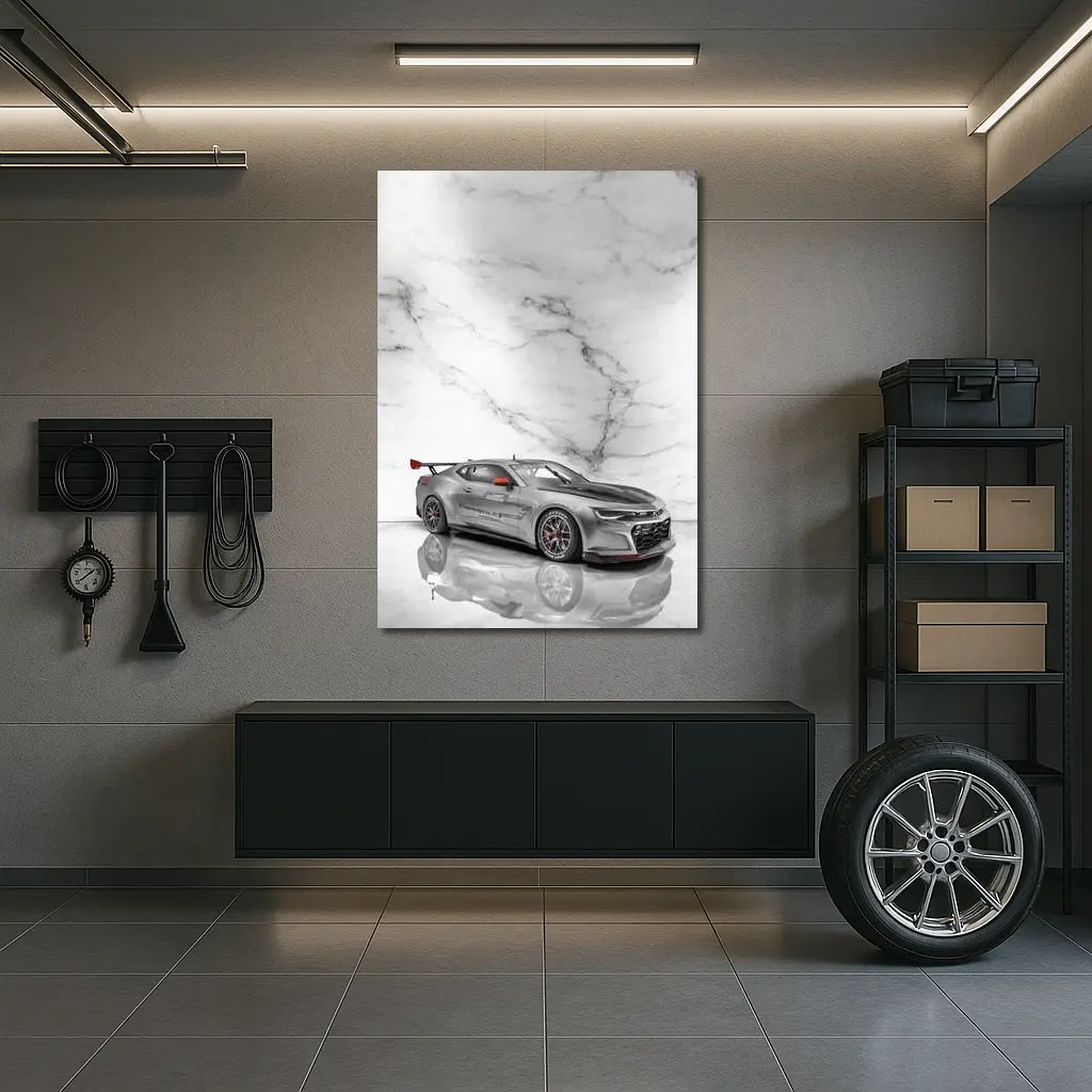 Chevrolet Camaro Silver Race Car Marble Background – Wall Art