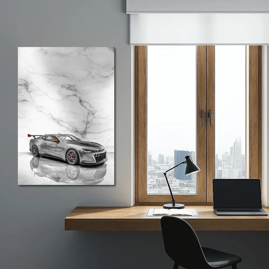 Chevrolet Camaro Silver Race Car Marble Background – Wall Art