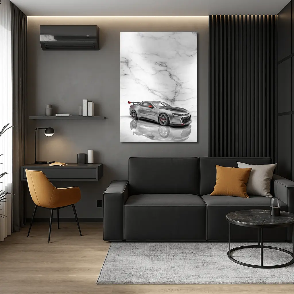 Chevrolet Camaro Silver Race Car Marble Background – Wall Art