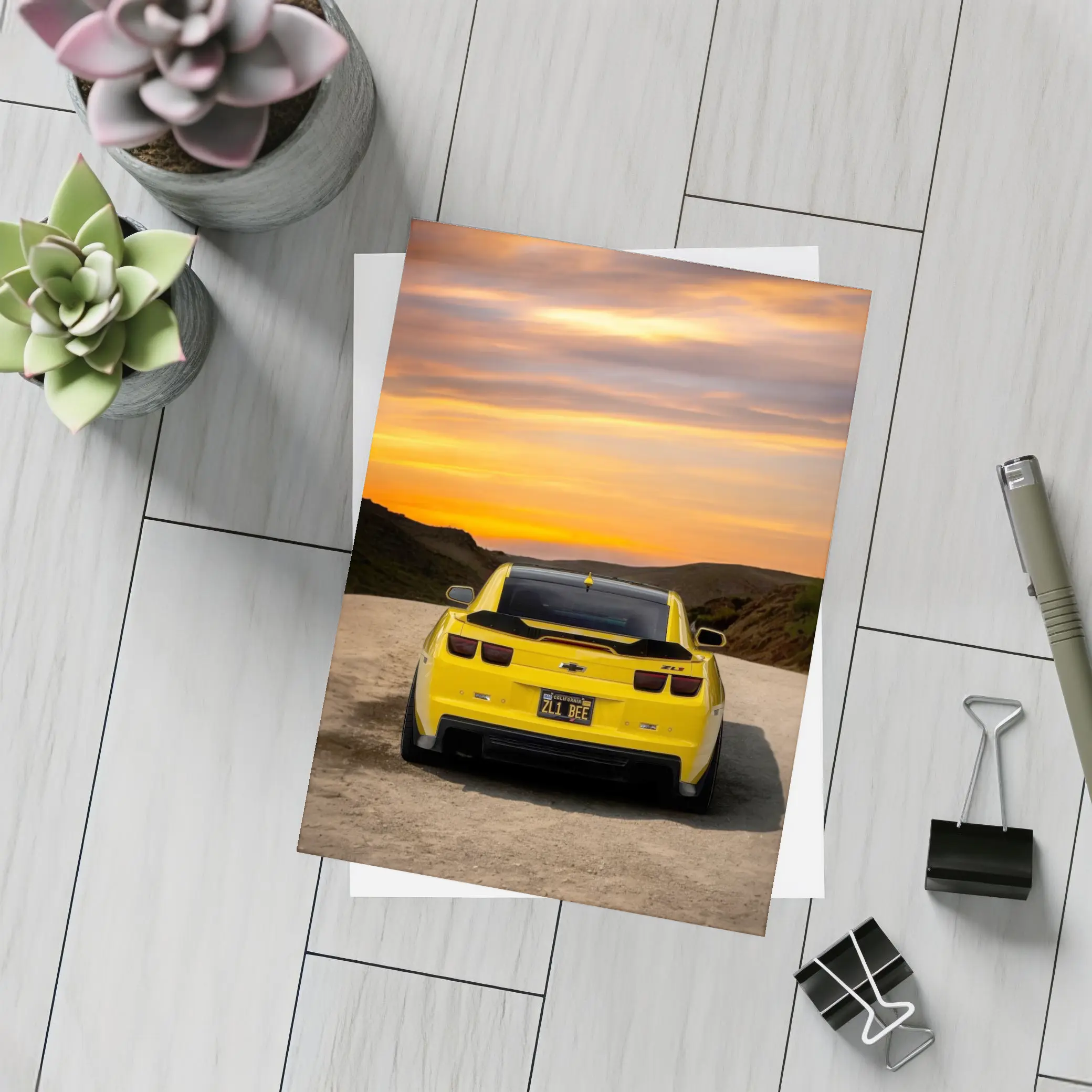 Chevrolet Camaro ZL1 Yellow Sunset Road – Postcards