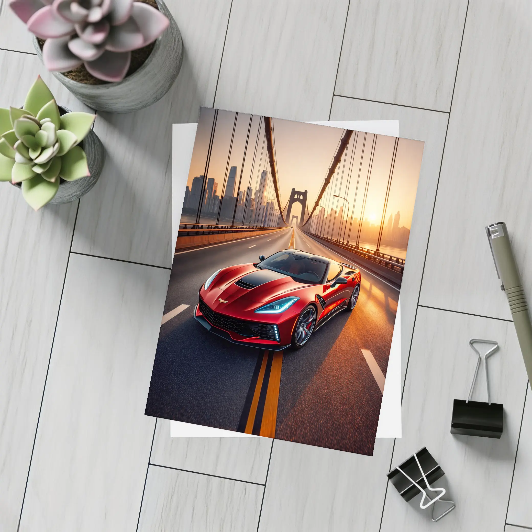Chevrolet Corvette Red Bridge City Sunset – Postcards