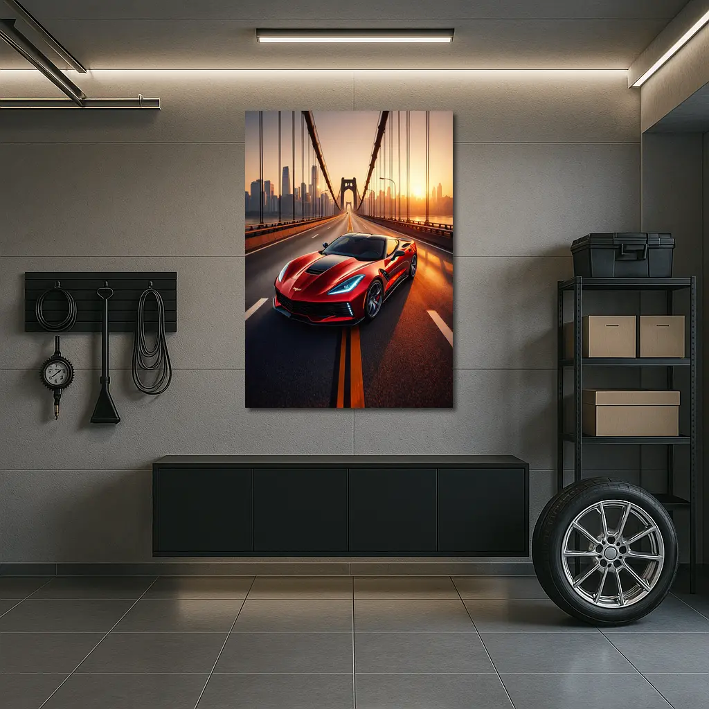 Chevrolet Corvette Red Bridge City Sunset – Wall Art
