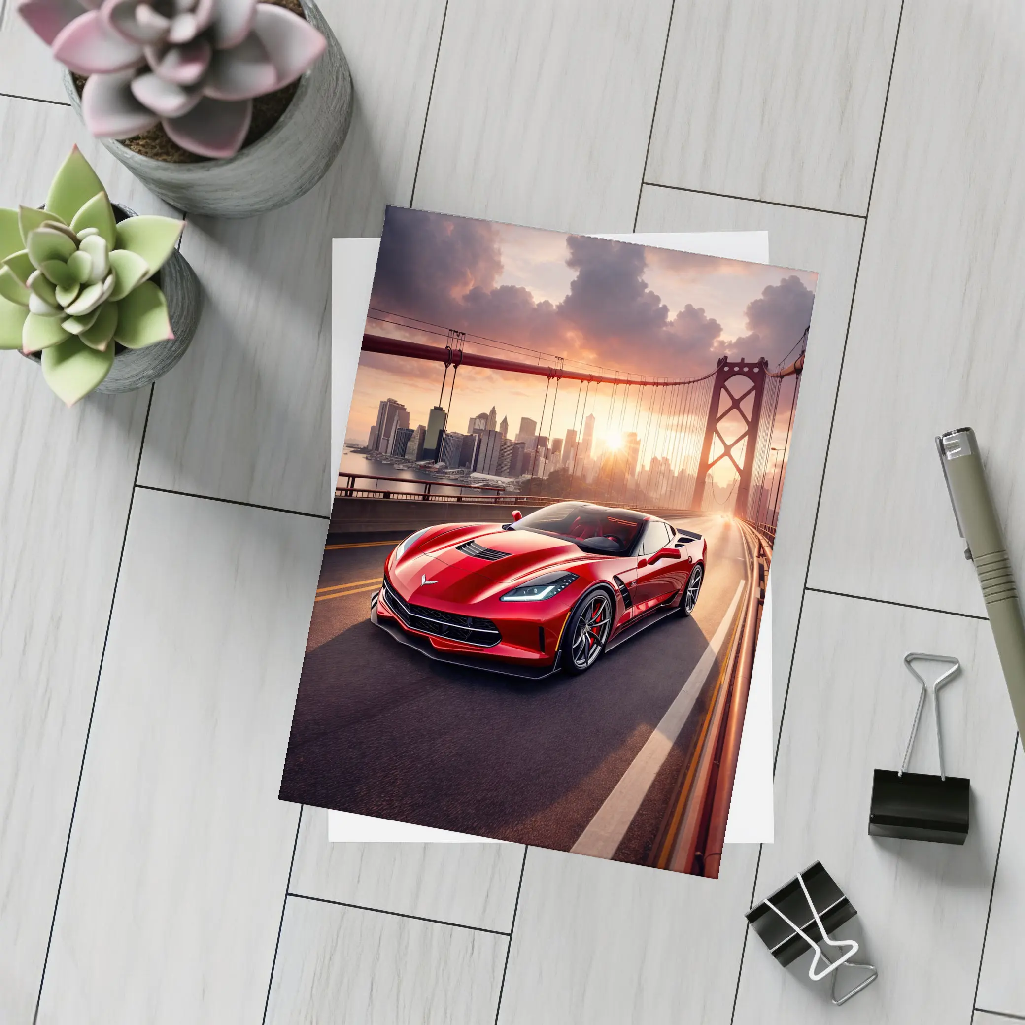 Chevrolet Corvette Red Bridge City Sunset – Postcards