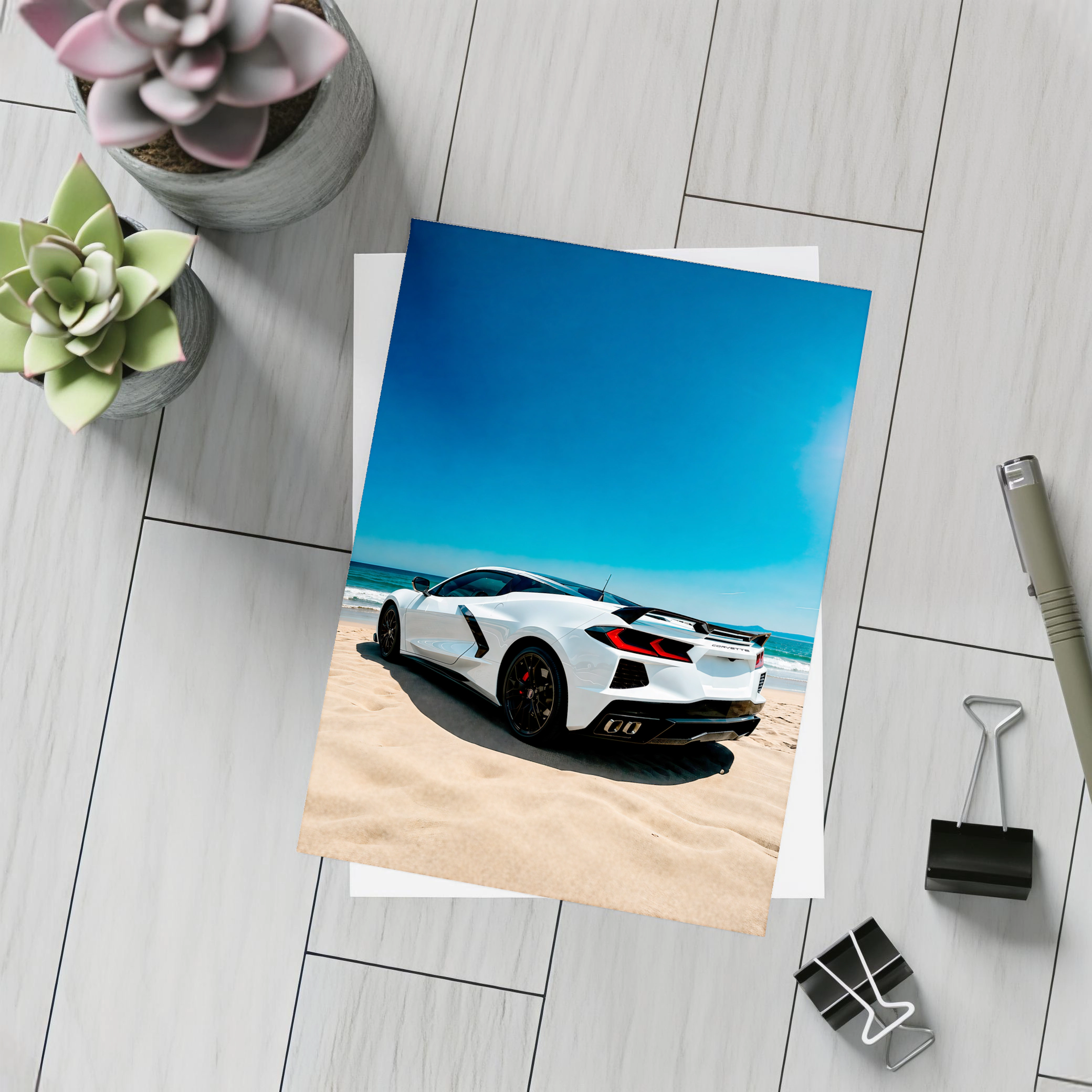 Chevrolet Corvette C8 White Beach Shore – Postcards