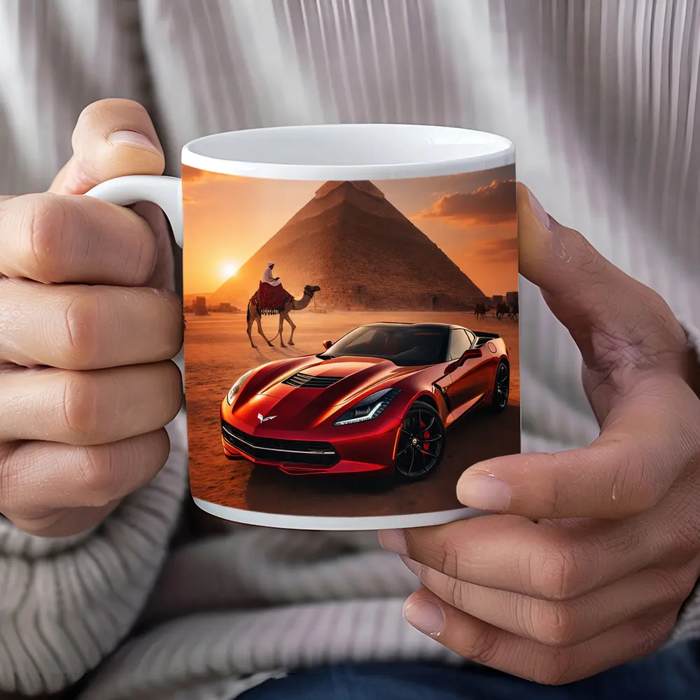 Chevrolet Corvette Red Egypt Pyramids Desert – Mugs