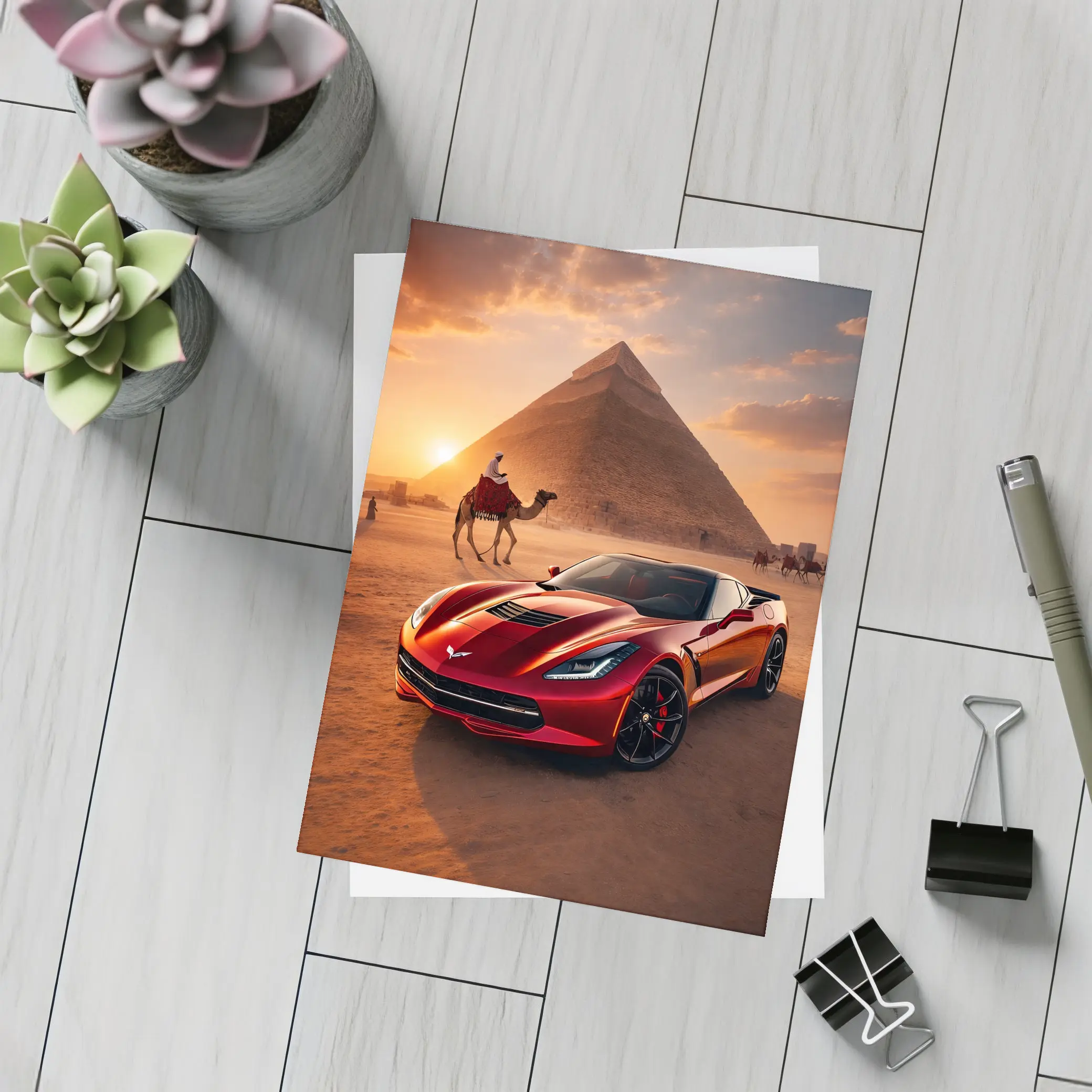 Chevrolet Corvette Red Egypt Pyramids Desert – Postcards