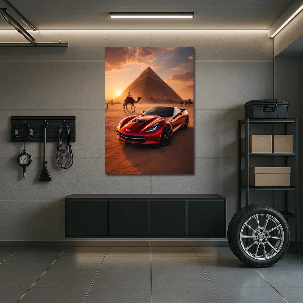 Chevrolet Corvette Red Egypt Pyramids Desert – Wall Art