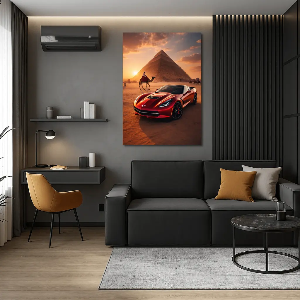 Chevrolet Corvette Red Egypt Pyramids Desert – Wall Art