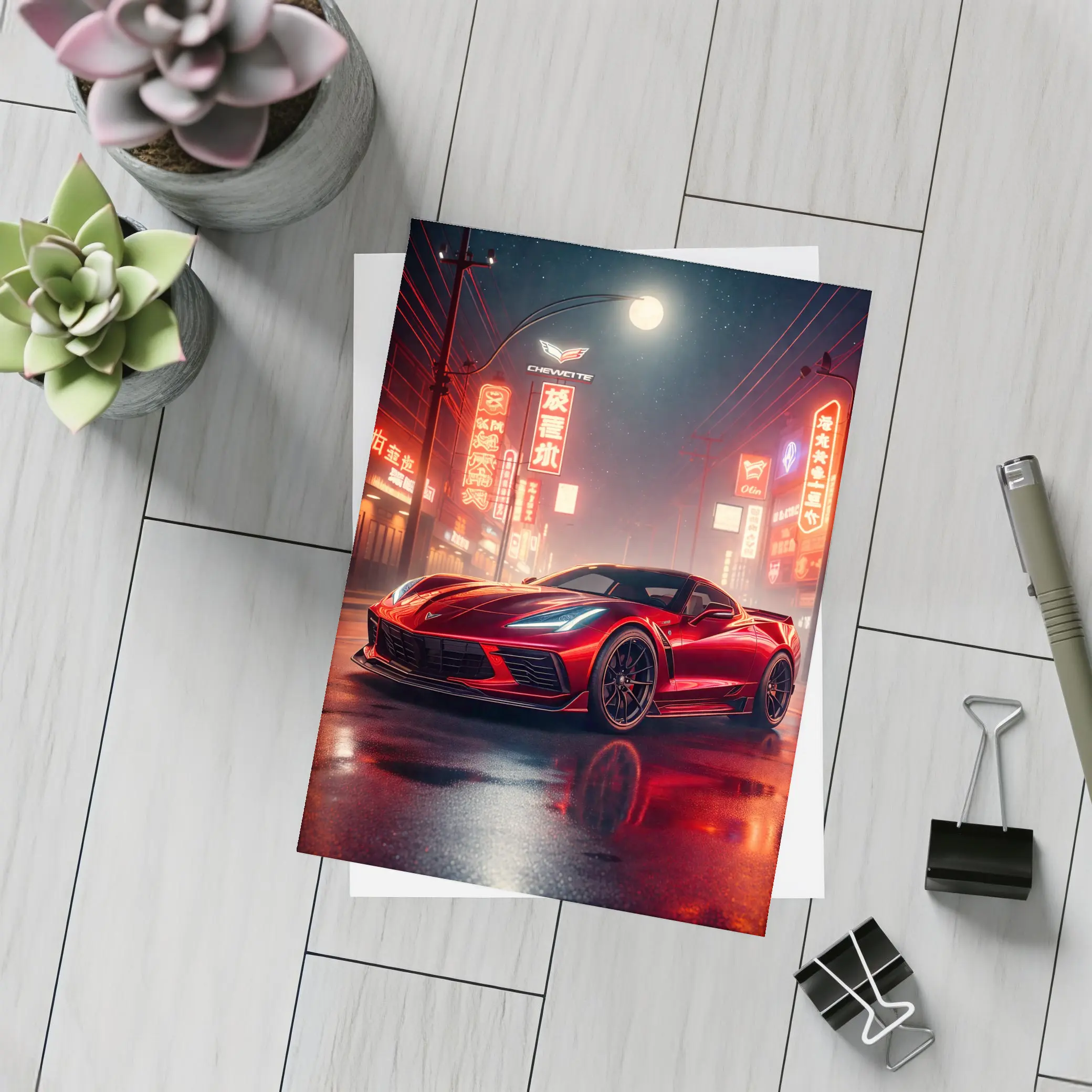 Chevrolet Corvette Red Neon City Night – Postcards