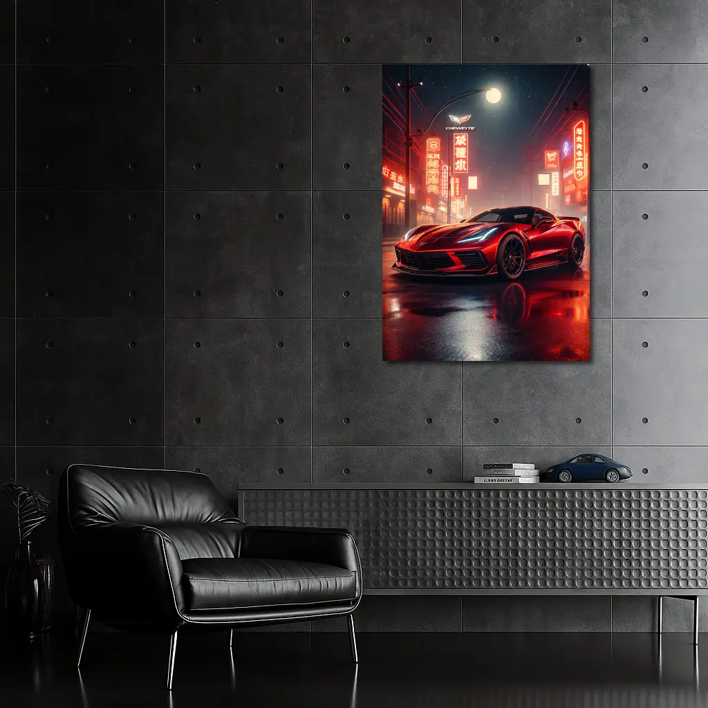 Chevrolet Corvette Red Neon City Night – Wall Art