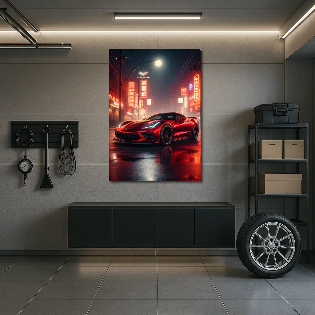 Chevrolet Corvette Red Neon City Night – Wall Art