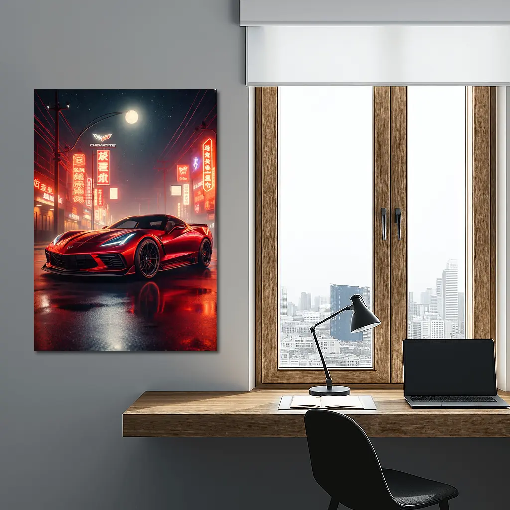 Chevrolet Corvette Red Neon City Night – Wall Art