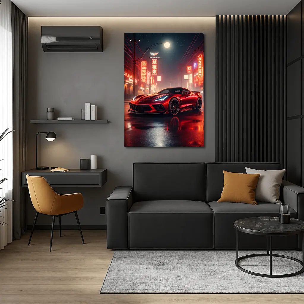 Chevrolet Corvette Red Neon City Night – Wall Art