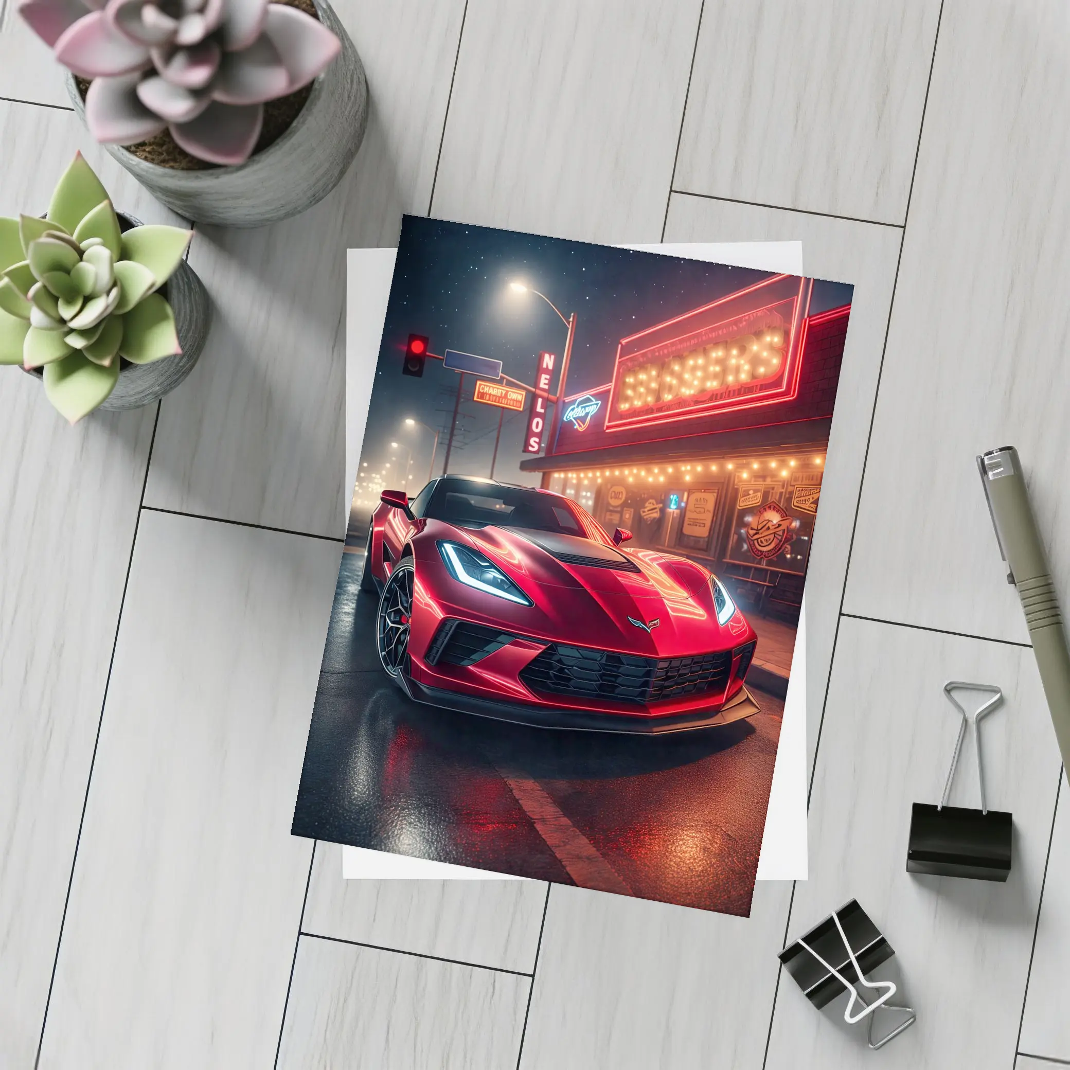 Chevrolet Corvette Red Neon Night Street – Postcards