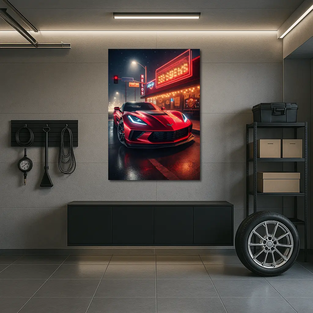 Chevrolet Corvette Red Neon Night Street – Wall Art