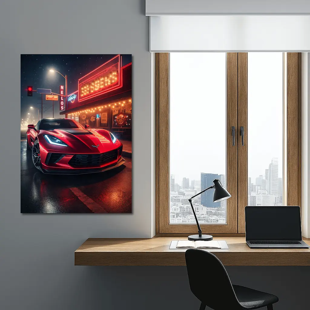 Chevrolet Corvette Red Neon Night Street – Wall Art
