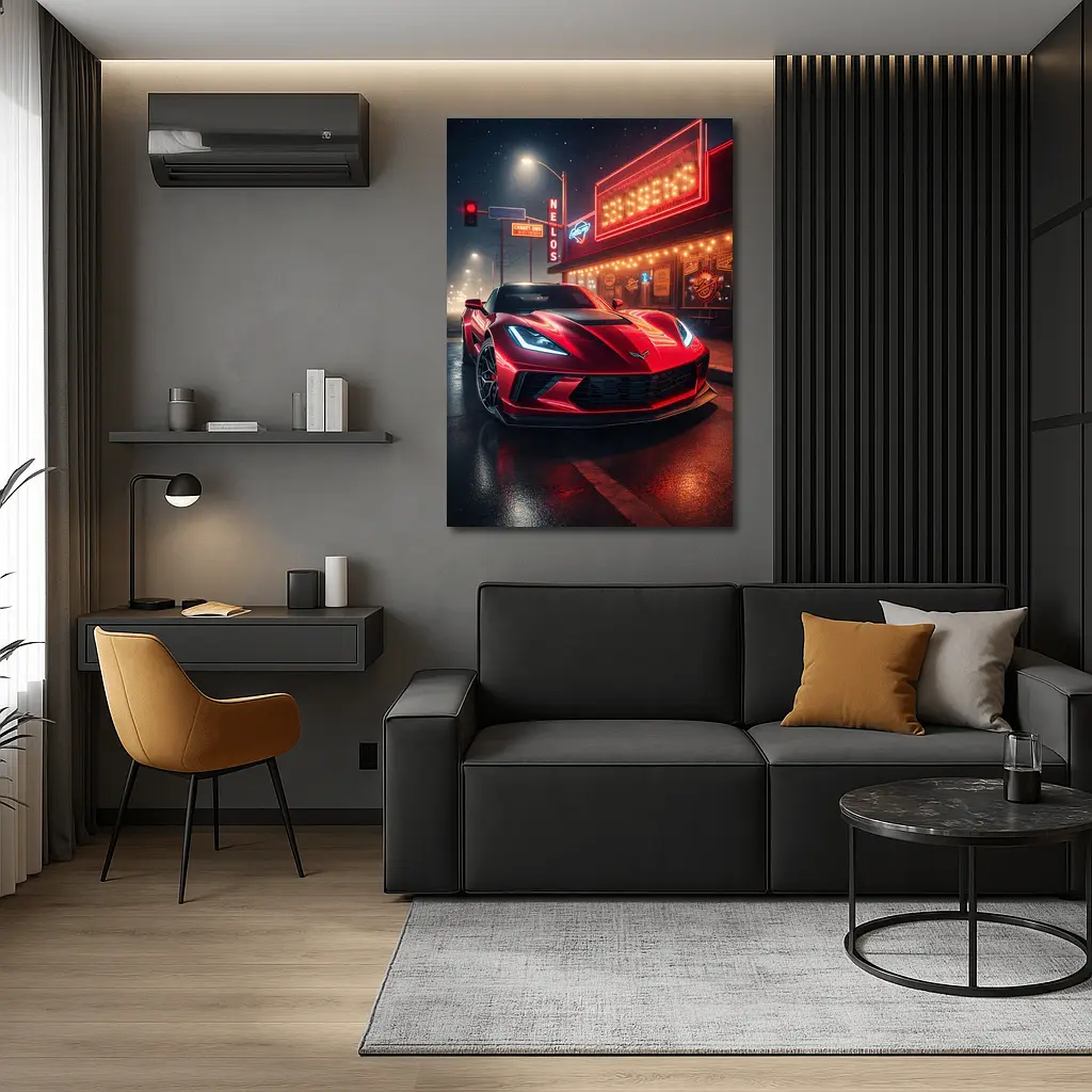 Chevrolet Corvette Red Neon Night Street – Wall Art