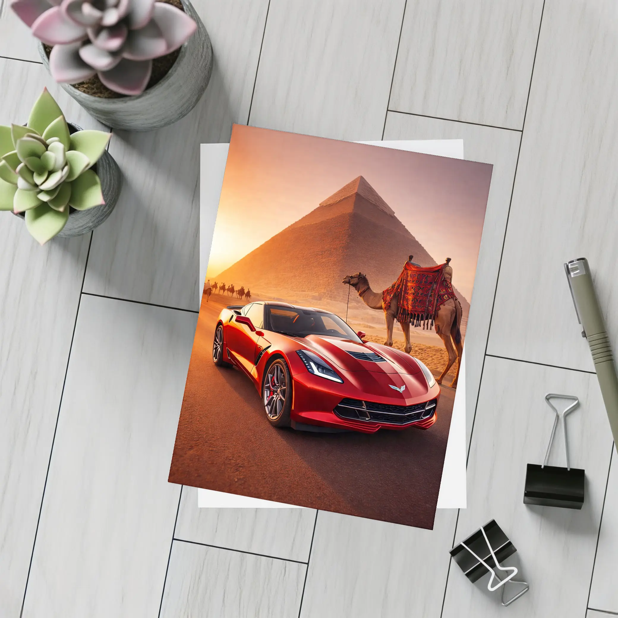 Chevrolet Corvette Red Car Egypt Pyramids – Postcards