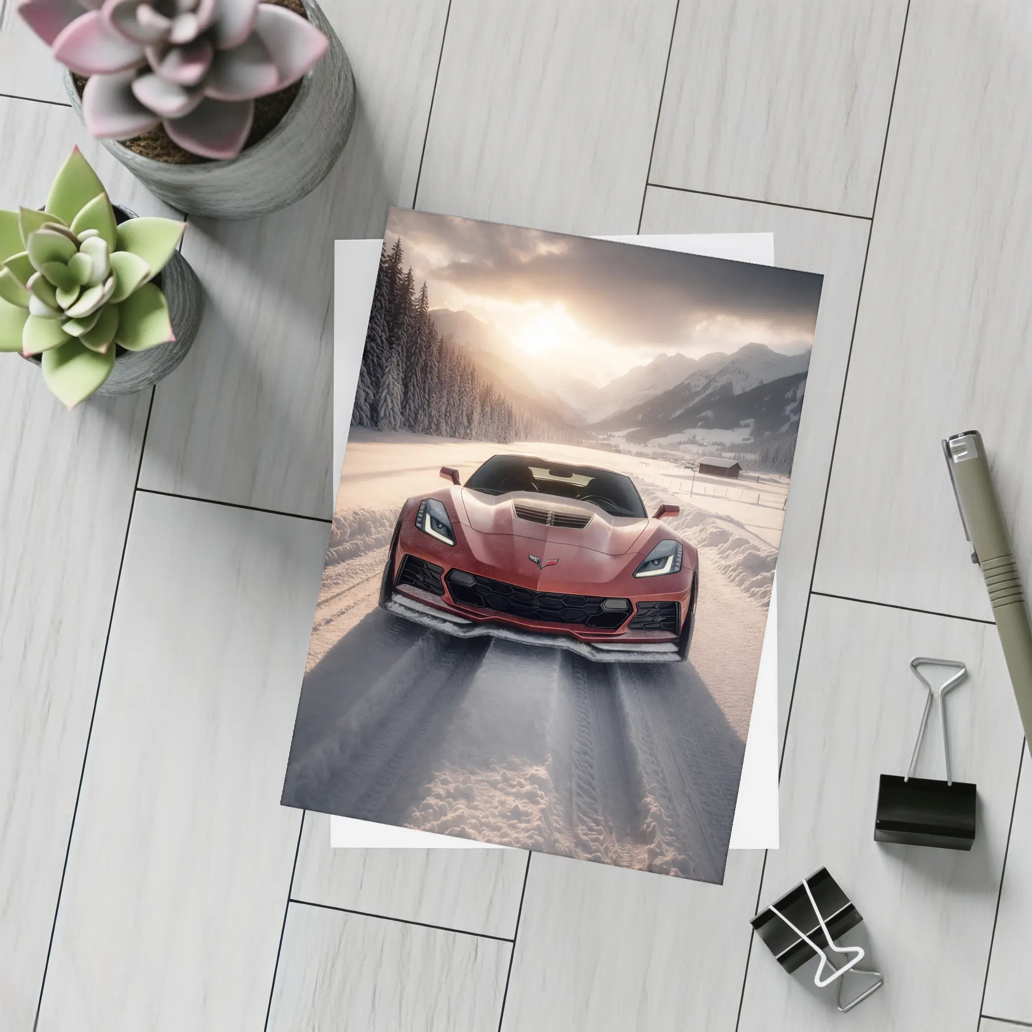 Chevrolet Corvette Z06 Red Winter Mountain Road – Postcards