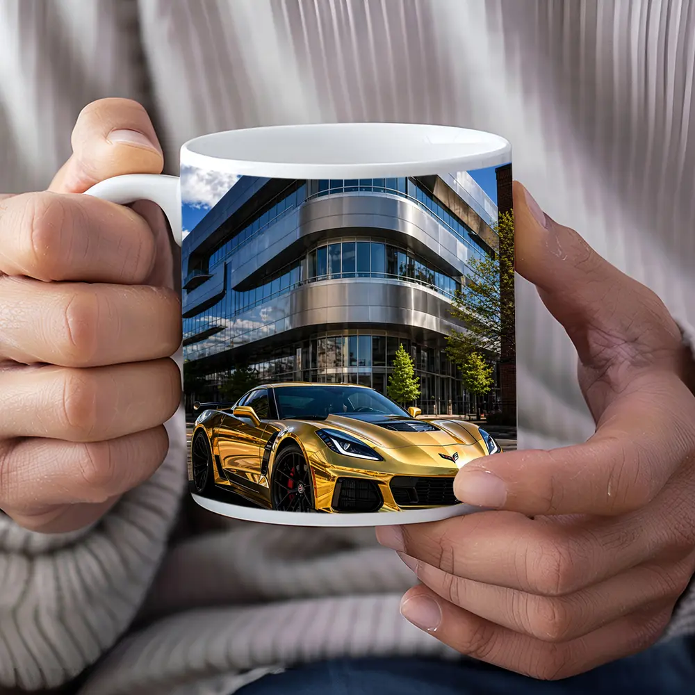 Gold Chevrolet Corvette Z06 Urban Building – Mugs