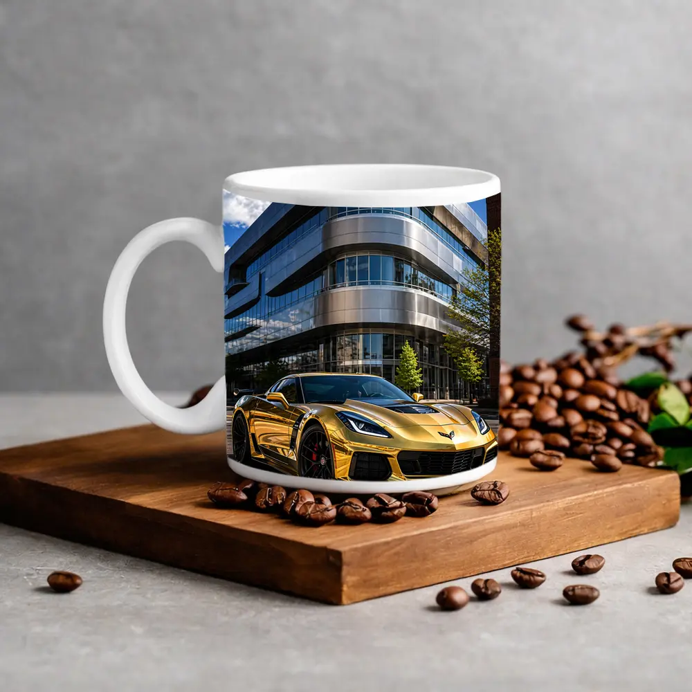Gold Chevrolet Corvette Z06 Urban Building – Mugs