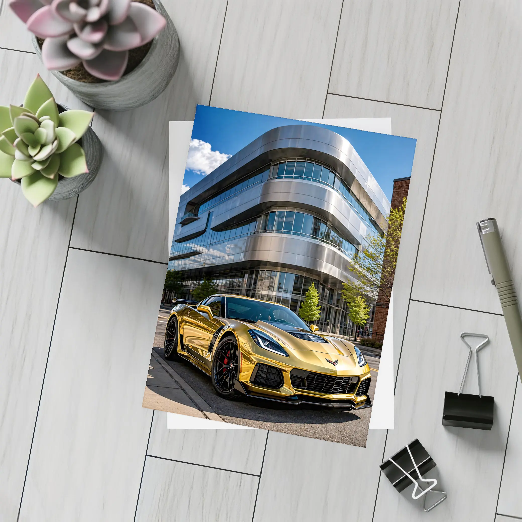 Gold Chevrolet Corvette Z06 Urban Building – Postcards