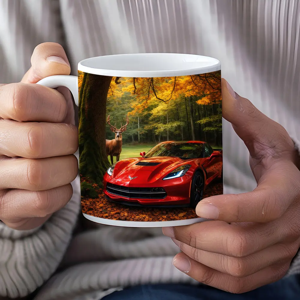 Chevrolet Corvette Red Car Autumn Forest Deer – Mugs