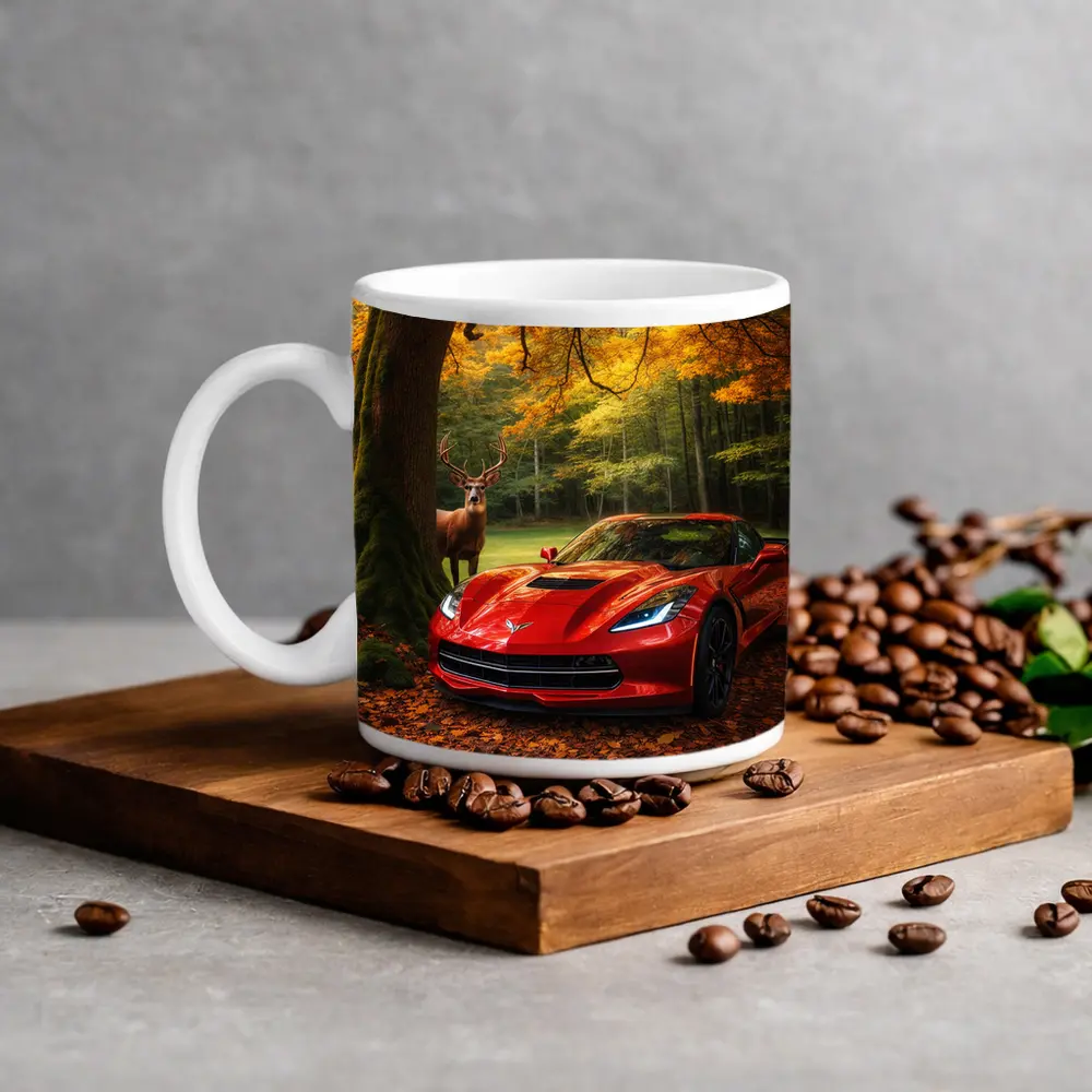 Chevrolet Corvette Red Car Autumn Forest Deer – Mugs