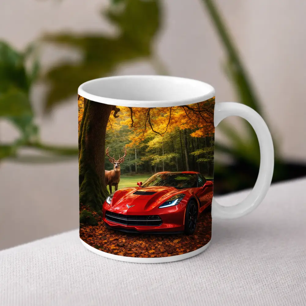 Chevrolet Corvette Red Car Autumn Forest Deer – Mugs