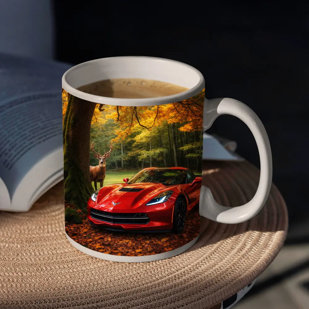 Chevrolet Corvette Red Car Autumn Forest Deer – Mugs