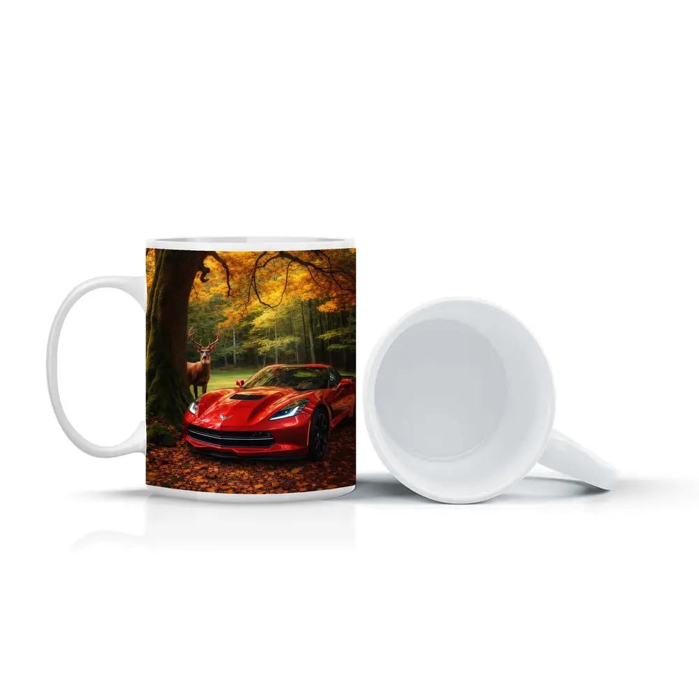 Chevrolet Corvette Red Car Autumn Forest Deer – Mugs
