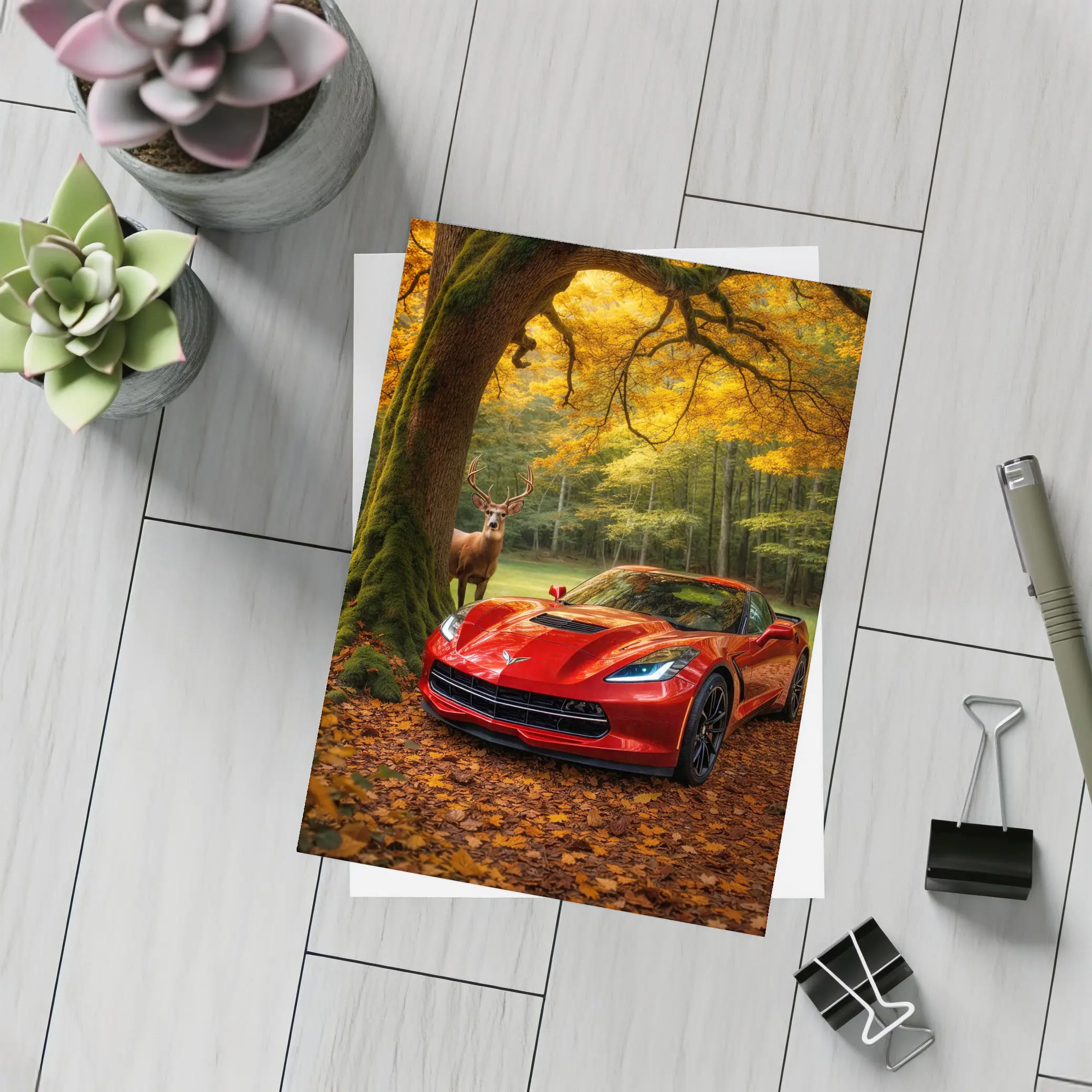 Chevrolet Corvette Red Car Autumn Forest Deer – Postcards