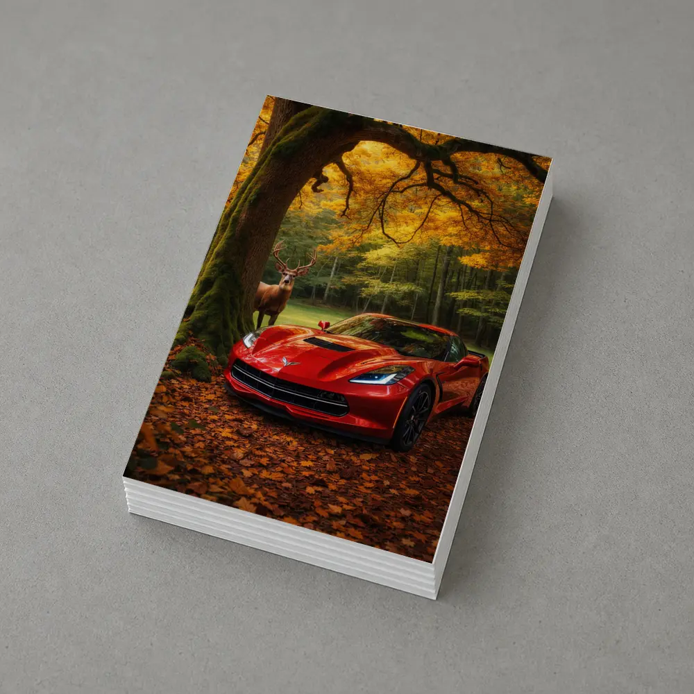 Chevrolet Corvette Red Car Autumn Forest Deer – Postcards