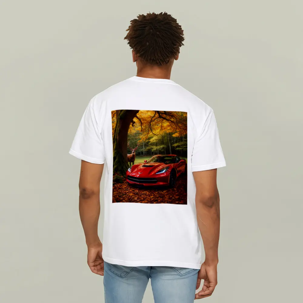 Chevrolet Corvette Red Car Autumn Forest Deer – T-Shirts