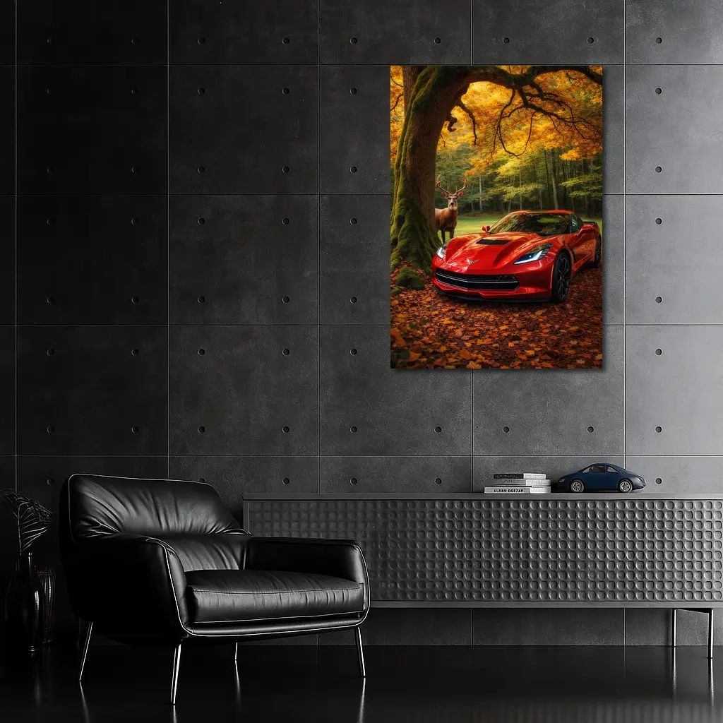 Chevrolet Corvette Red Car Autumn Forest Deer – Wall Art