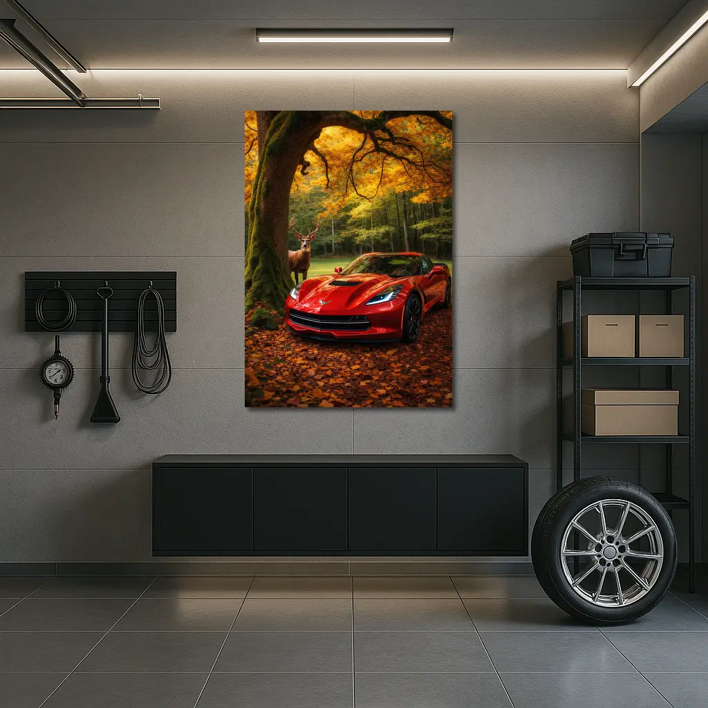 Chevrolet Corvette Red Car Autumn Forest Deer – Wall Art
