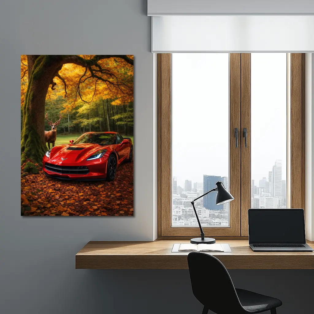 Chevrolet Corvette Red Car Autumn Forest Deer – Wall Art