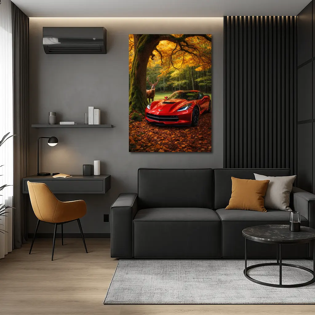 Chevrolet Corvette Red Car Autumn Forest Deer – Wall Art