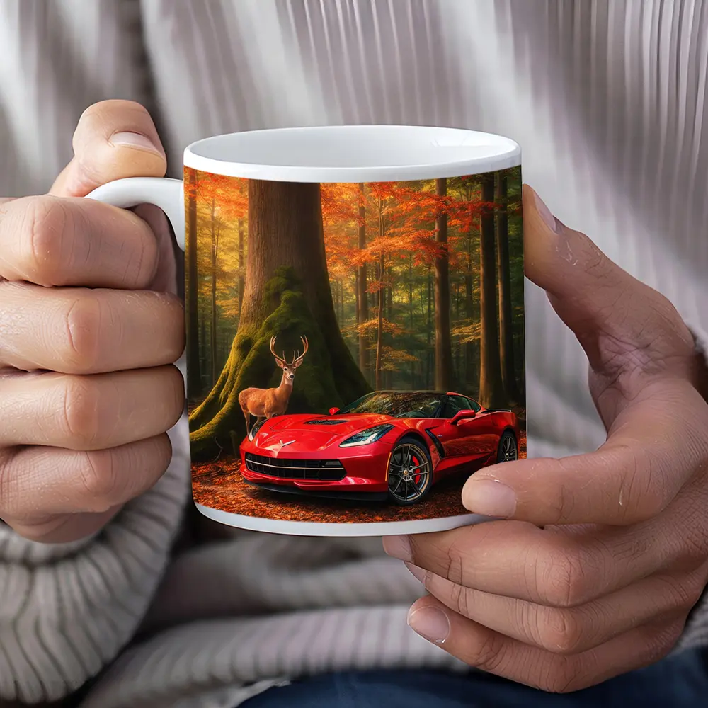 Chevrolet Corvette Red Car Autumn Forest Deer – Mugs