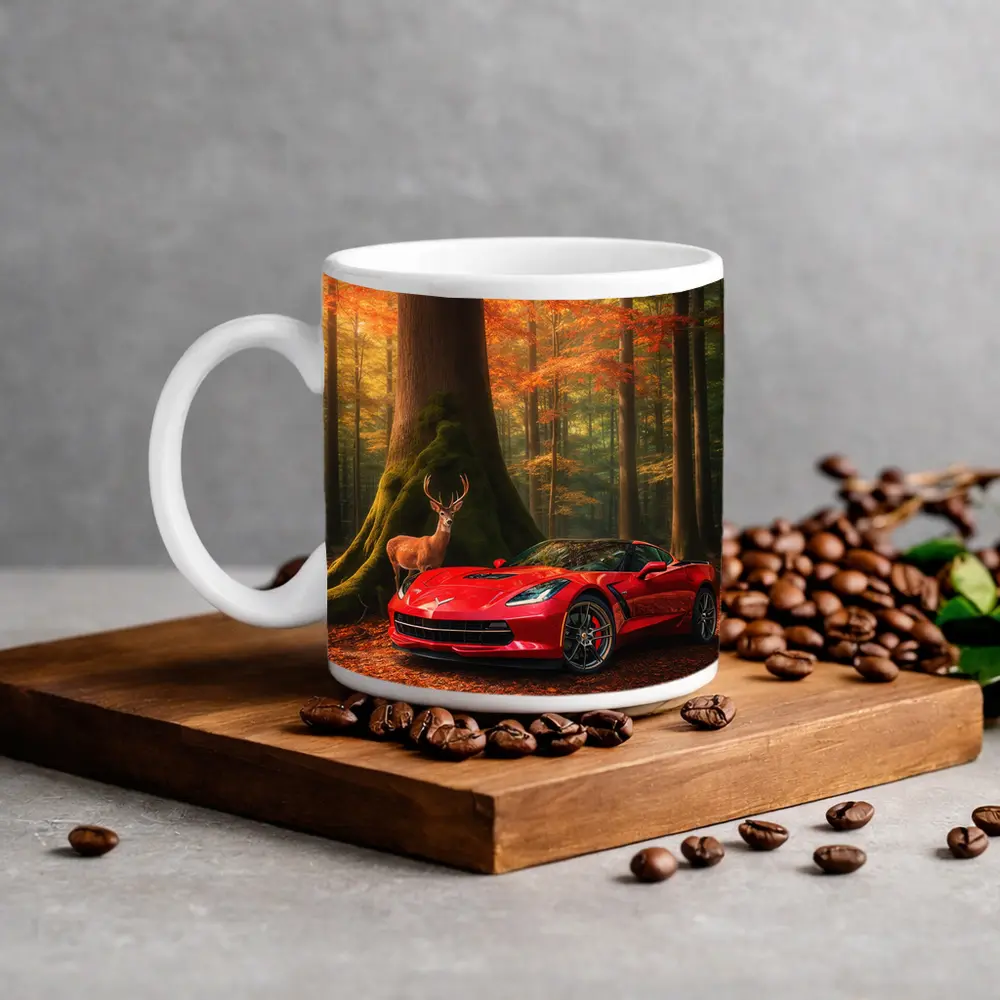 Chevrolet Corvette Red Car Autumn Forest Deer – Mugs