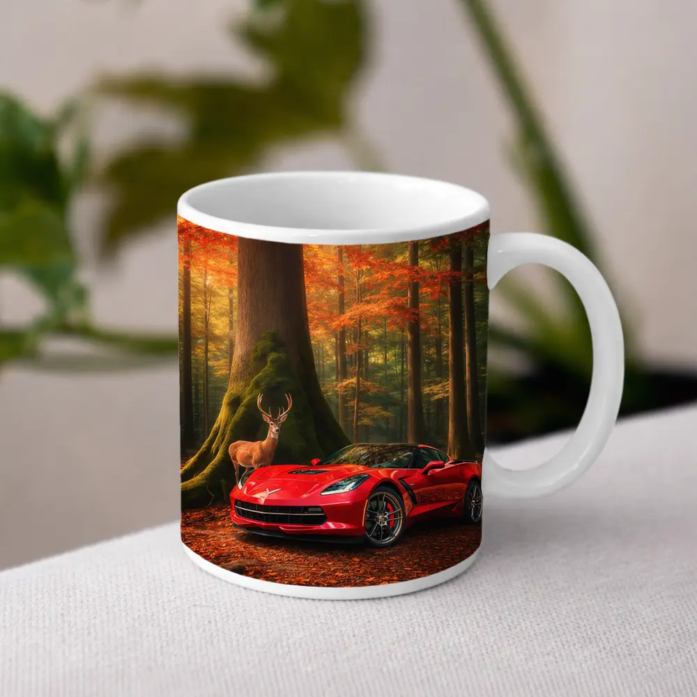 Chevrolet Corvette Red Car Autumn Forest Deer – Mugs