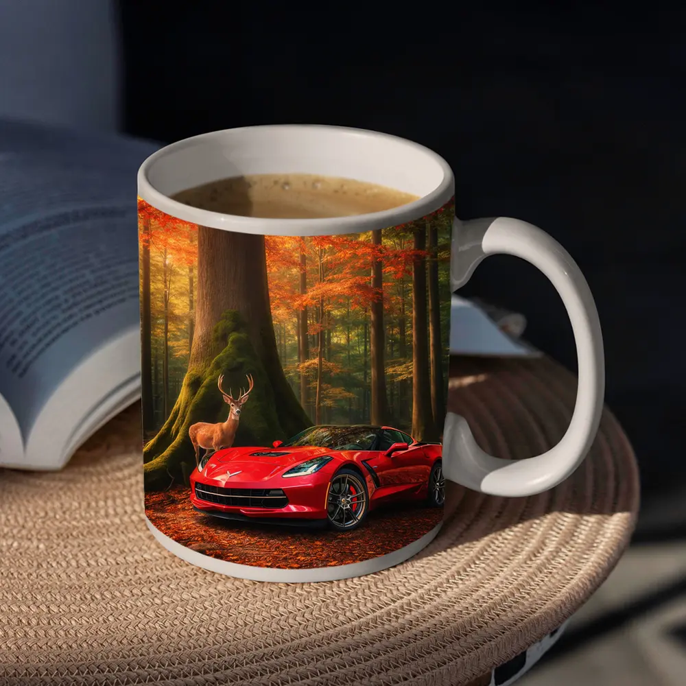 Chevrolet Corvette Red Car Autumn Forest Deer – Mugs