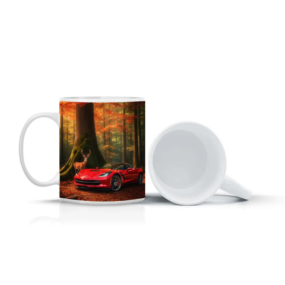 Chevrolet Corvette Red Car Autumn Forest Deer – Mugs