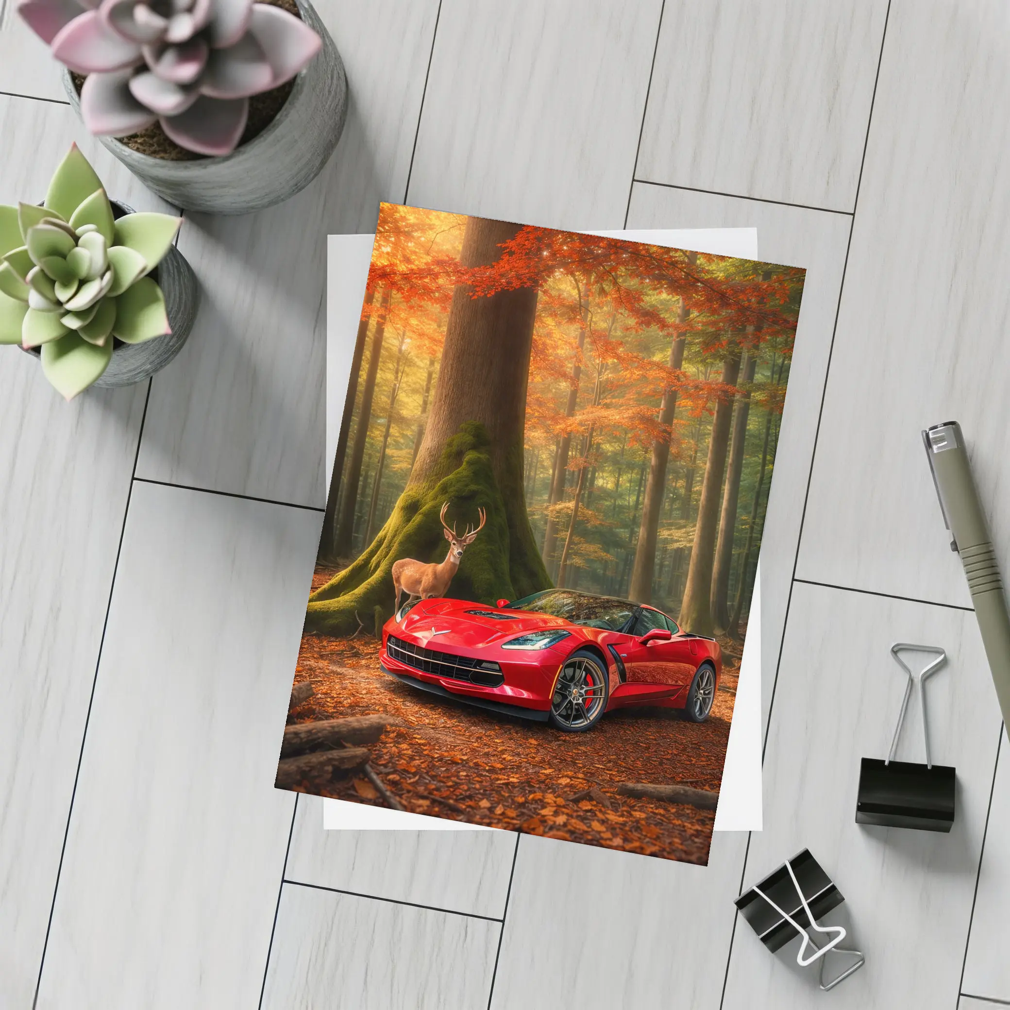 Chevrolet Corvette Red Car Autumn Forest Deer – Postcards