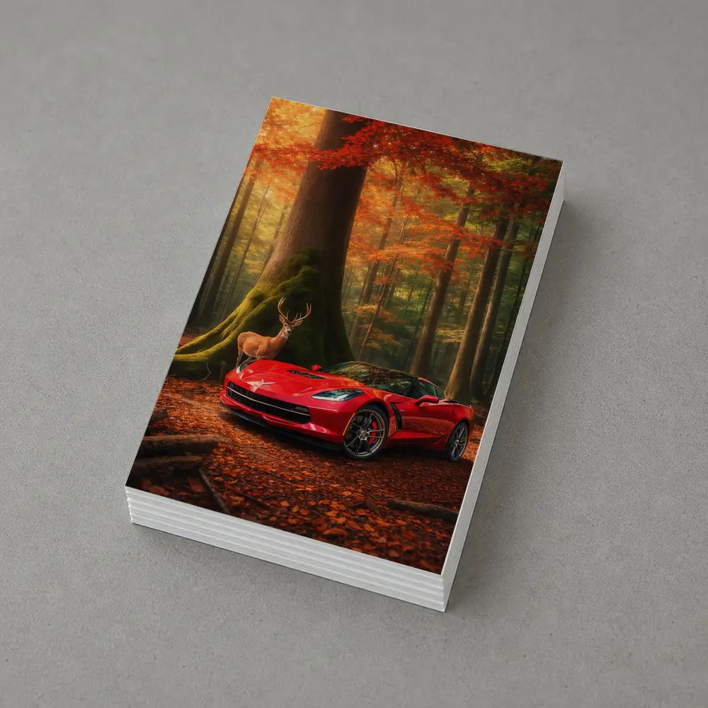 Chevrolet Corvette Red Car Autumn Forest Deer – Postcards