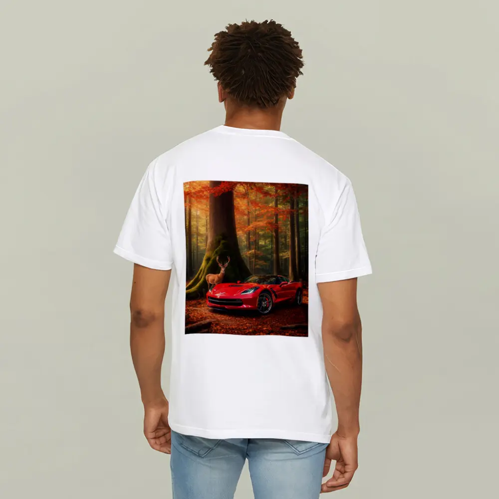 Chevrolet Corvette Red Car Autumn Forest Deer – T-Shirts