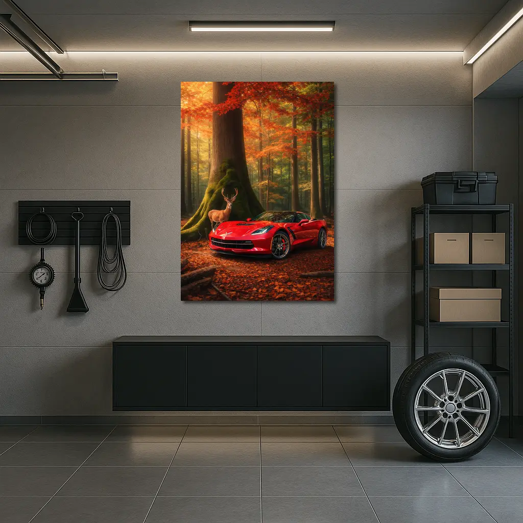 Chevrolet Corvette Red Car Autumn Forest Deer – Wall Art
